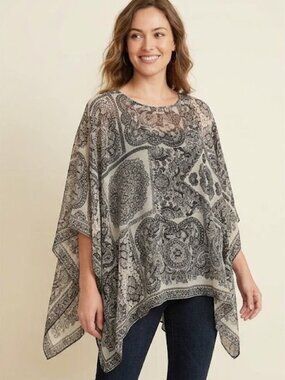 Diosa Semisheer Black & Cream Paisley Drape Boho Top L